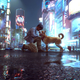 A Ghostwire: Tokyo screenshot depicting protagonist Akito petting a shiba inu dog in the empty yet brightly-lit streets of Shibuya.